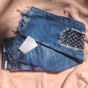 Zara TRF High Rise Distressed Raw Hem Denim Fish Net Ripped Knee Jeans